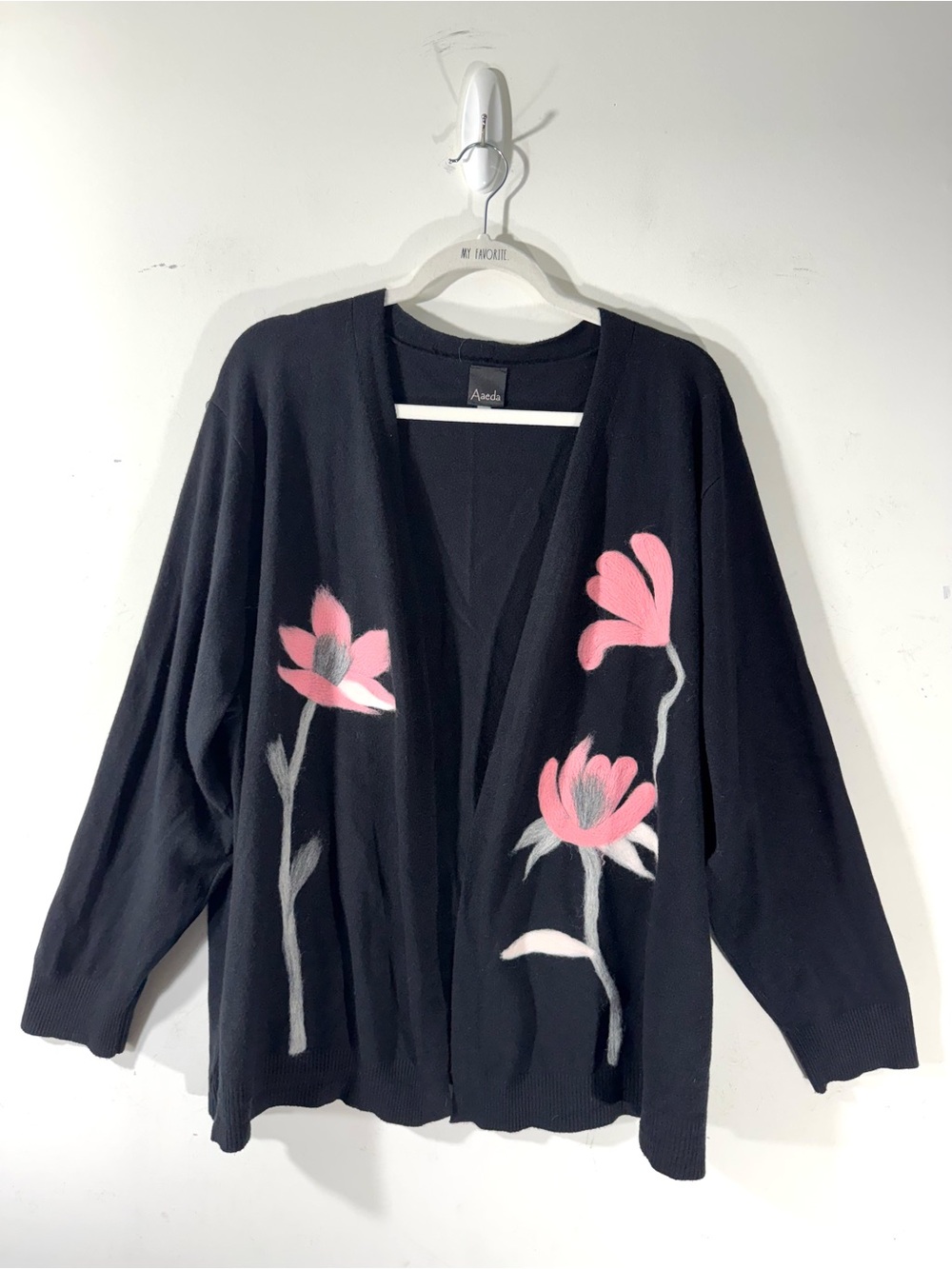 Aaeda black artsy cardigan sweater with bold pink flowers 3X